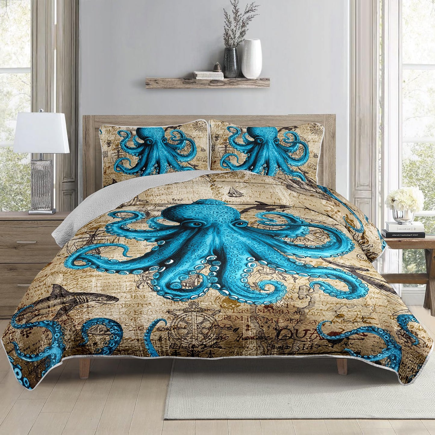 AILONEN Ocean King Bedspread Coverlet,Blue Octopus Nautical Vintage Map Theme Bedding Quilt,2 Pillowcases,Lightweight Microfiber