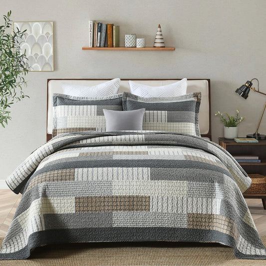 Y-PLWOMEN Queen Quilt Set 100% Cotton Lightweight Quilts Queen Size, Cozy Farmhouse Striped Stitch Home Decor Bedding, Rustic Quilted Bedspread Set for All Season, 3-Pieces