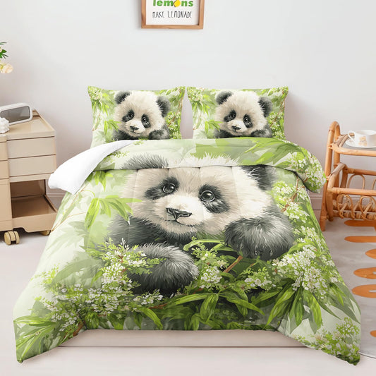 AILONEN Cute Panda Comforter Full Size with 2 Pillowcases,Kawaii Animal Bedding Set 3Pcs for Kids,Green Watercolor Quilt Set for Bedroom Decor,Soft Breathable