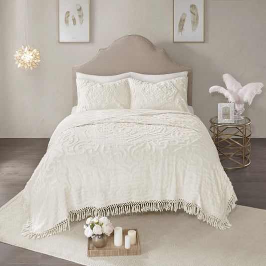 Madison Park Laetitia Lightweight 100% Cotton Quilt Set, Breathable Chenille Tufted, Shabby Chic Boho Medallion Design, Sham, Floral Ivory w/ Tassels, King/California King (104 in x 92 in) 3 Piece