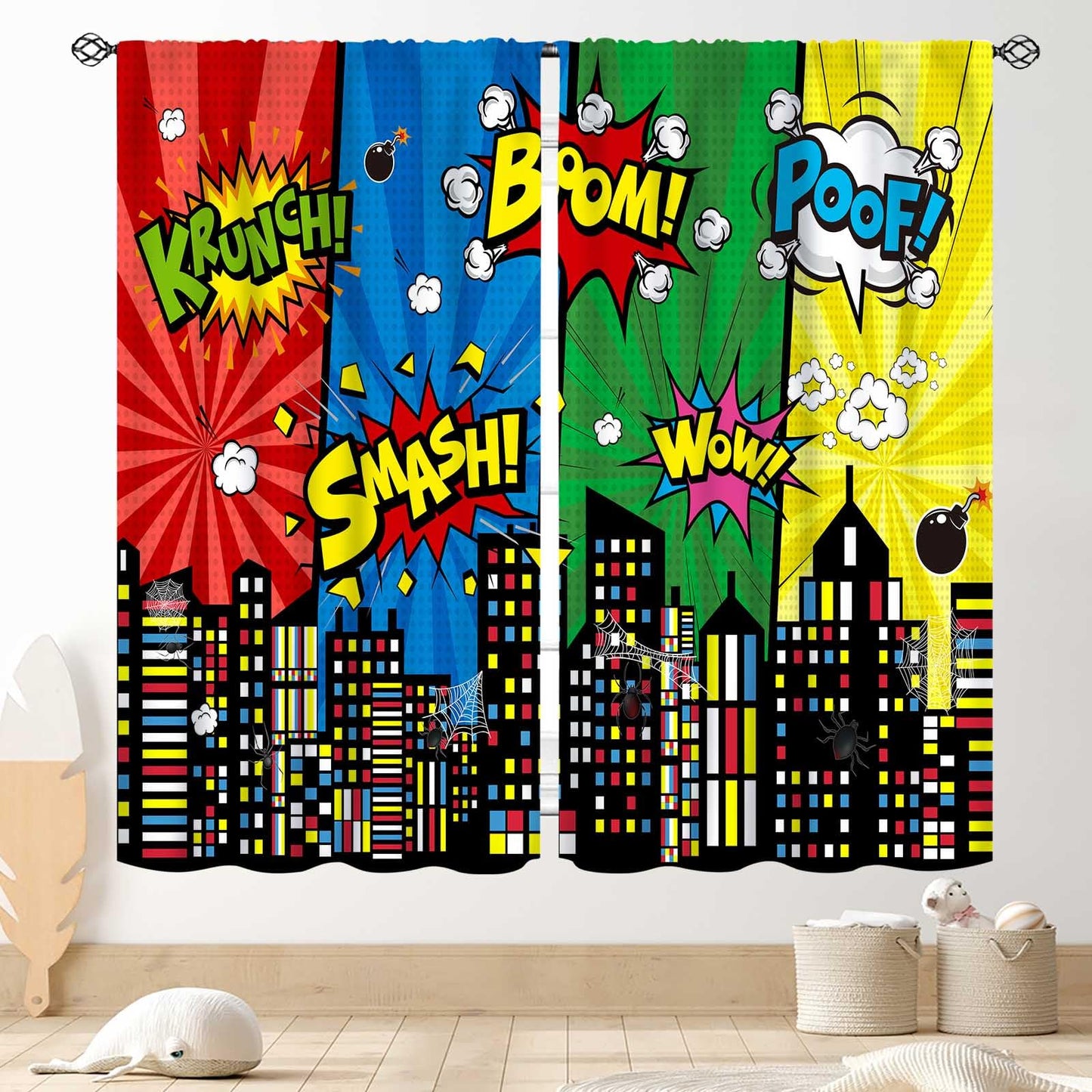 TKUYO Super City Hero Curtain, Comic Style Cityscape Skyline Buildings Cartoon Window Curtains for Boys Kids Teens Baby Room Bedroom Living Nursery 2 Panel Sets, 42"x45" Inch