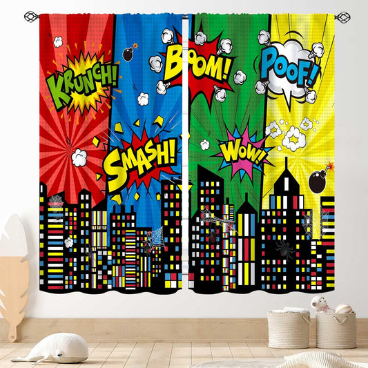 TKUYO Super City Hero Curtain, Comic Style Cityscape Skyline Buildings Cartoon Window Curtains for Boys Kids Teens Baby Room Bedroom Living Nursery 2 Panel Sets, 42"x45" Inch