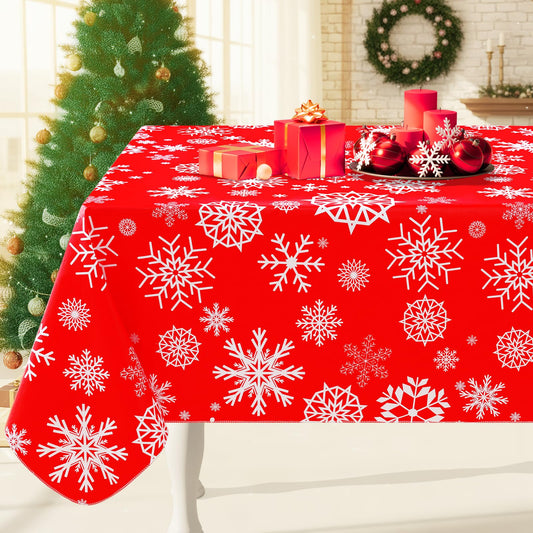 Smiry Christmas Rectangle Table Cloth, Waterproof Vinyl Tablecloth with Flannel Backing, Wipeable Snowflake Plastic Tablecloths for Christmas Table Decorations, (60"x102", Christmas Red)
