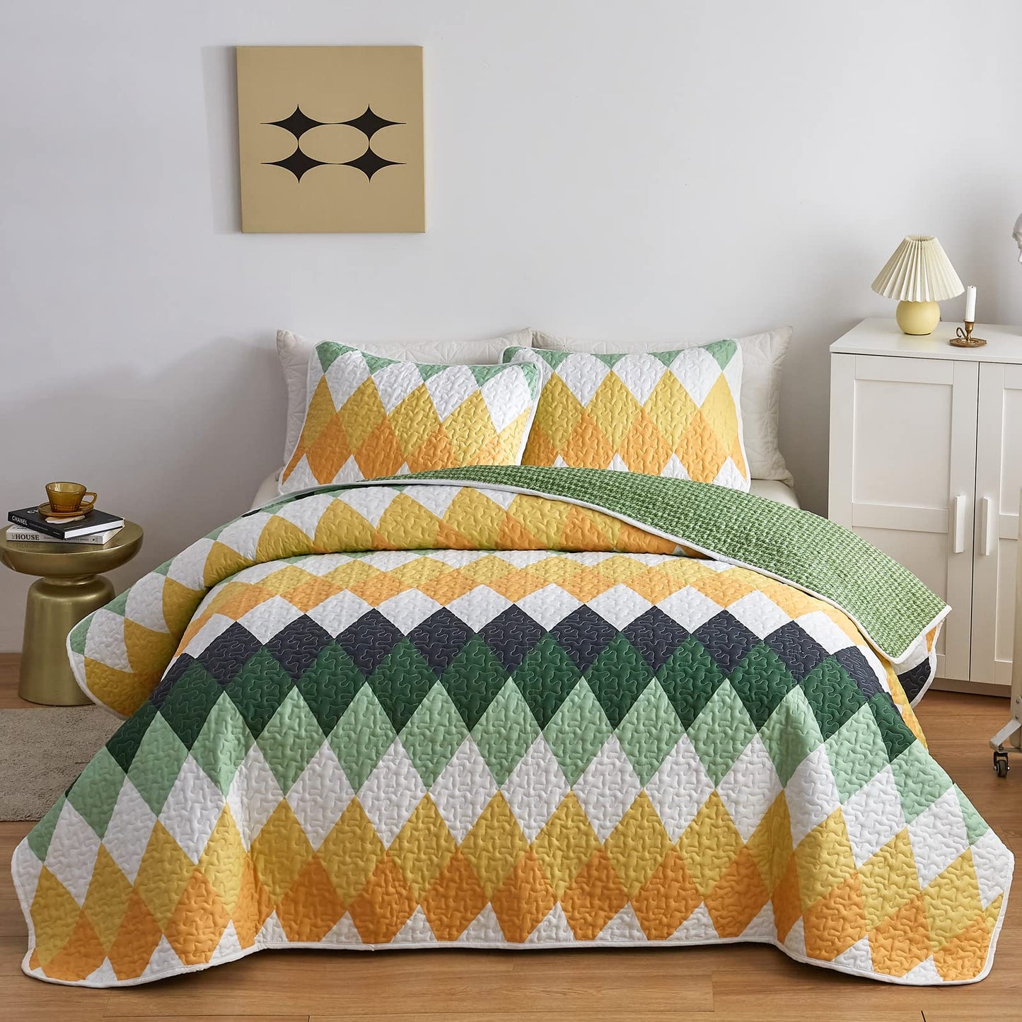 Yellow Green Rhomb Plaid Quilt Set 3pc Queen Size Reversible Coverlet Bedspread Set Soft Microfiber Lightweight Summer Quilt Bedding Set Bed Cover for All Season 88x88
