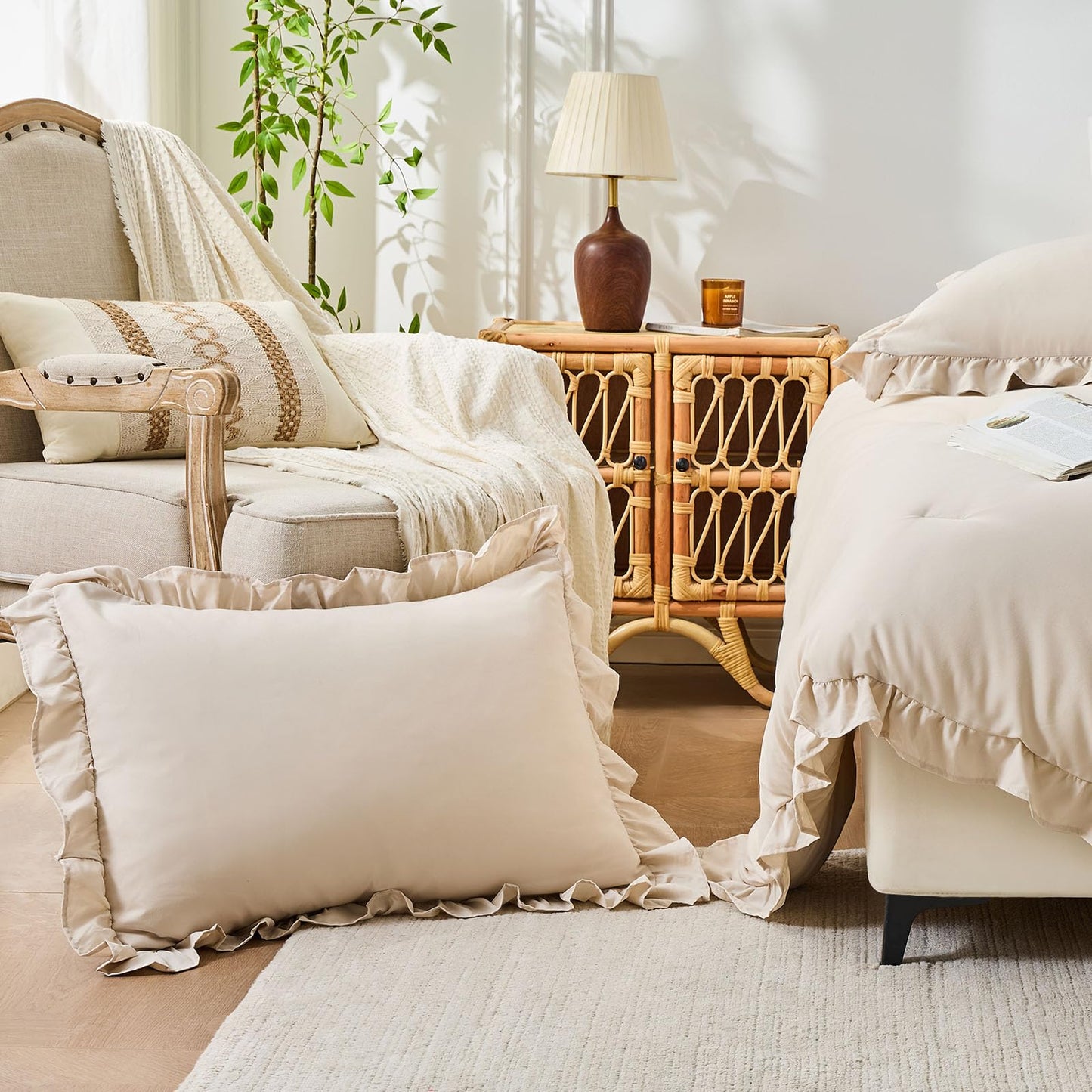 FUANNA Queen Comforter Set Beige 3 Pieces, Ruffle Shabby Chic Queen Bed Set, Fluffy Lightweight Soft Bed in a Bag Queen for All Seasons, Farmhouse Bedding Comforter Sets(1 Comforter & 2 Pillowshams)