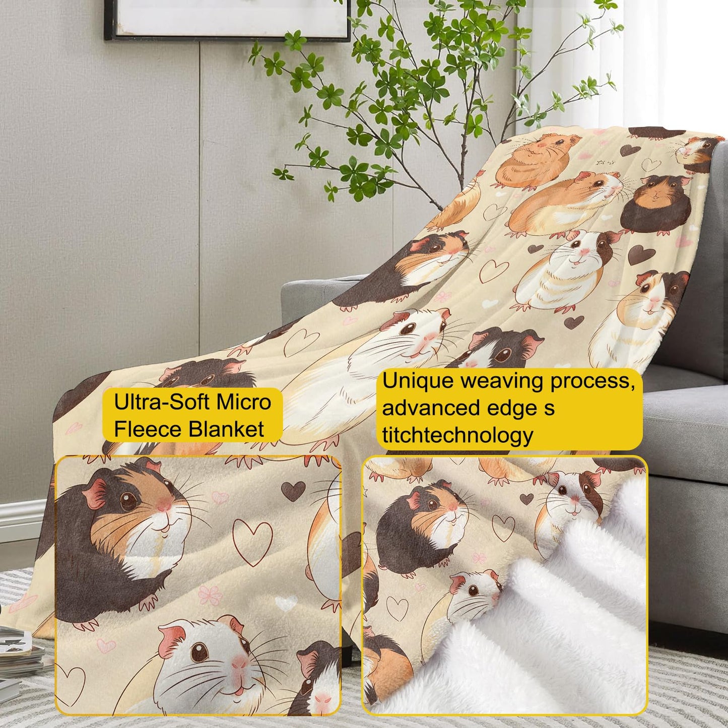 VANZEV Guinea Pig Fleece Blanket Gifts for Kids and Adults, Adorable Pet Cozy Throw Blanket, Soft Warm Plush Guinea Pig Blankets for Home Decor, 50x60 inches
