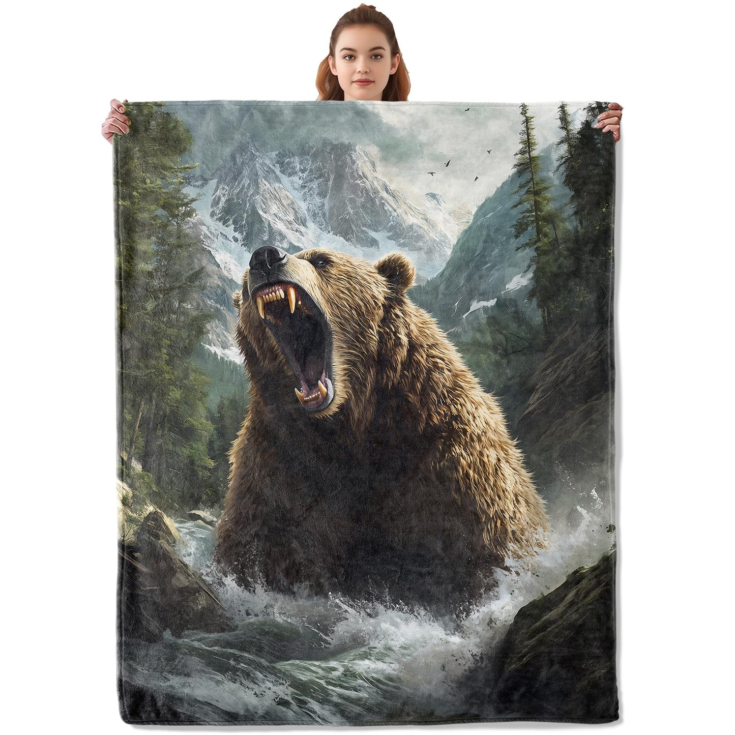 Kibue Roaring Bear Blanket, Soft & Warm Flannel Throw - Cozy Plush Lightweight Blankets for Travel, Decor, Bedroom, Office, Sofa for Adults Kids - Ideal for All Seasons 60"×50"
