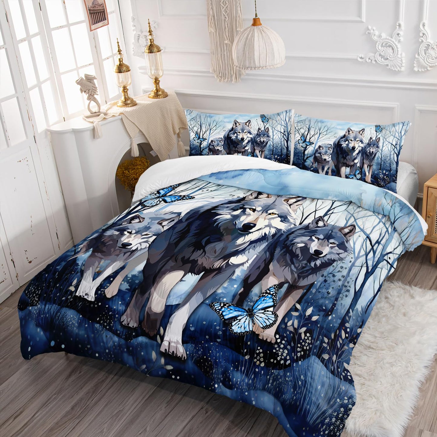 AILONEN Wolf Comforter Set - Twin Size, Tie Dye Wolf Quilt with 2 Pillowcases, 3 Pieces Safari Wolves Print Set