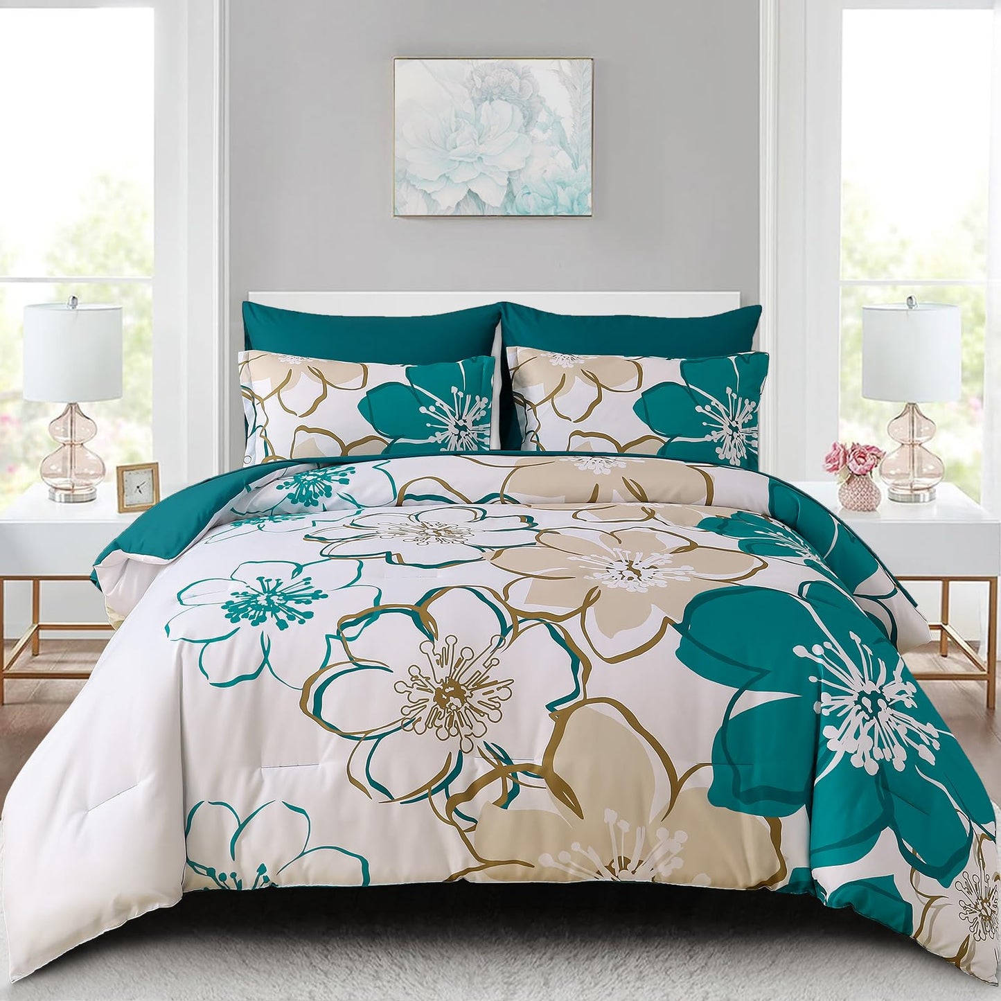 Anibedding 7Pieces Teal Grey Floral Comforter Set Queen Size, Soft Microfiber Grey Blue Bed in a Bag Comforter Set with Sheets for All Season