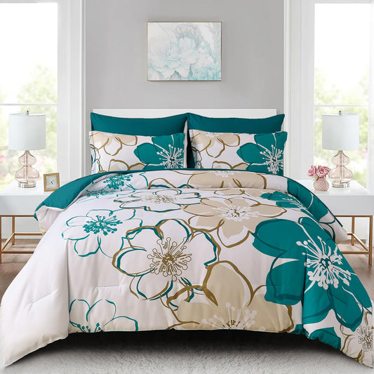 Anibedding 7Pieces Teal Grey Floral Comforter Set Queen Size, Soft Microfiber Grey Blue Bed in a Bag Comforter Set with Sheets for All Season