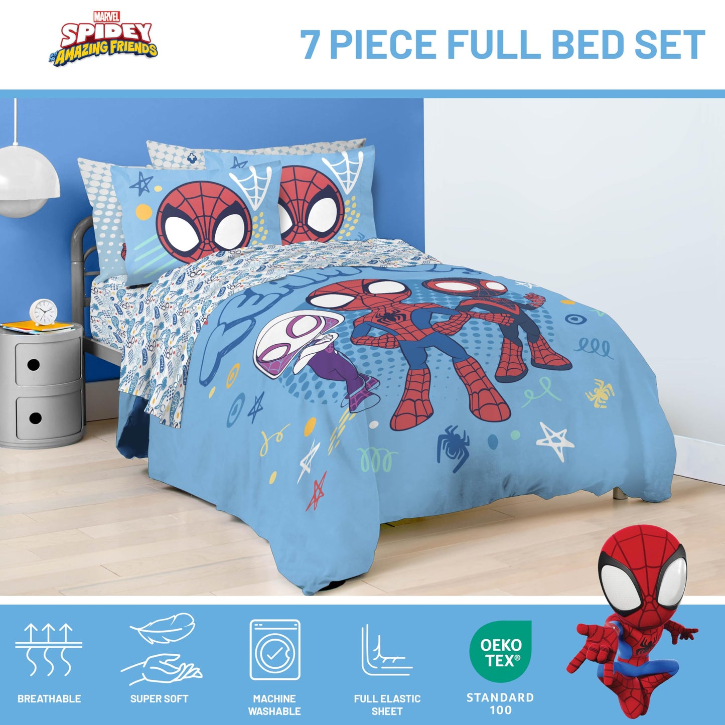 Jay Franco Kids Comforter Set Includes Sheets and Pillow Covers - Soft and Cozy Bed Set for Stylish Room Decor, Light Blue - Spidey & His Amazing Friends, 7 Piece Full Bedding