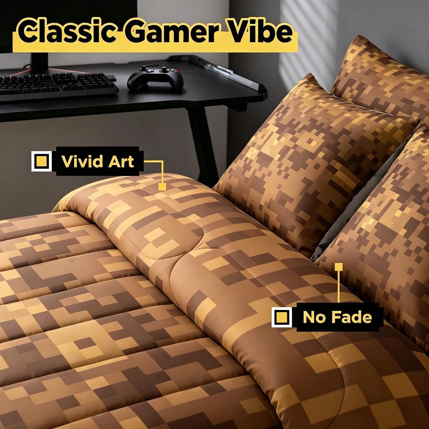 Feelyou Pixel Theme Comforter Set with Sheets 7 Piece Twin Size Geometric Square Bed in a Bag Kids Boys Girls Gamer Bedding Set Mosaic Bedroom Decor Brown Breathable Soft Lightweight Microfiber