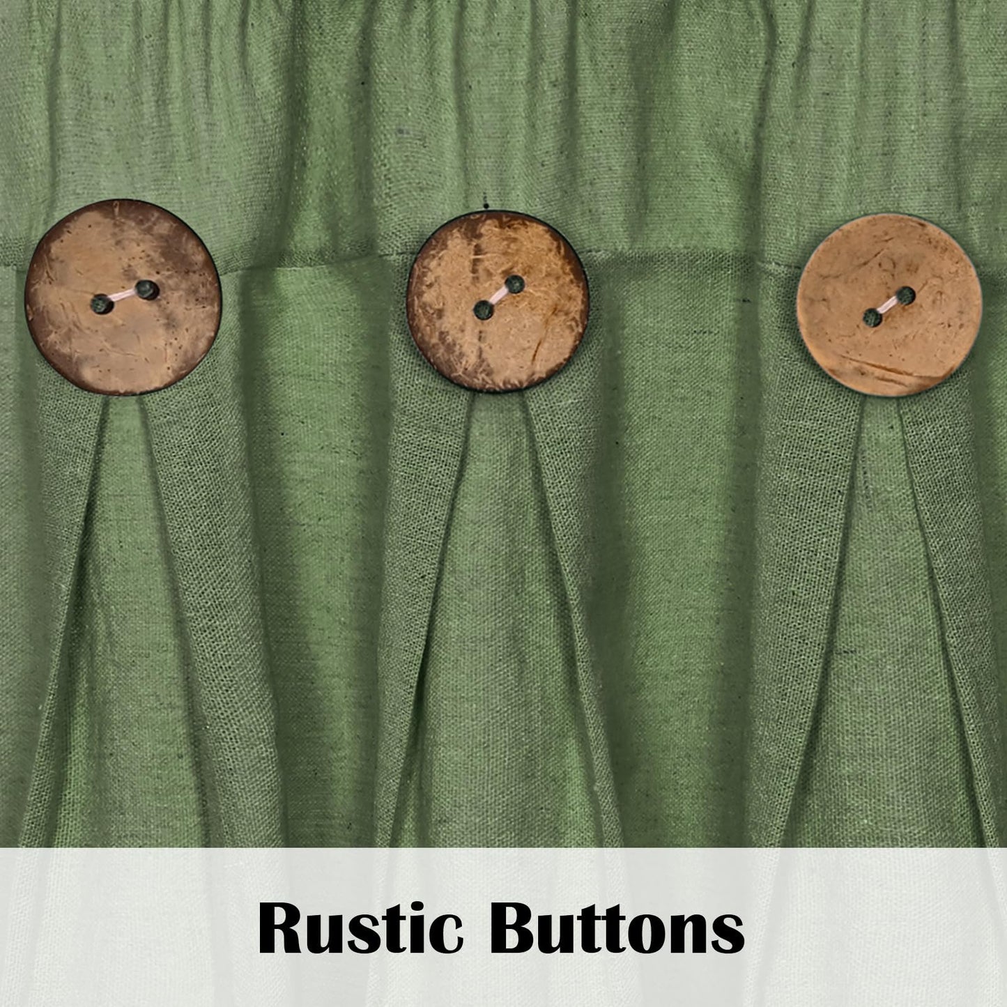 FRAMICS Farmhouse Valance Curtains, Boho Cotton Linen Kitchen Valance, Olive Green Rustic Button Window Valances for Kitchen Bathroom, Rod Pocket Valances for Windows, Olive Green, 52 x 18 Inch