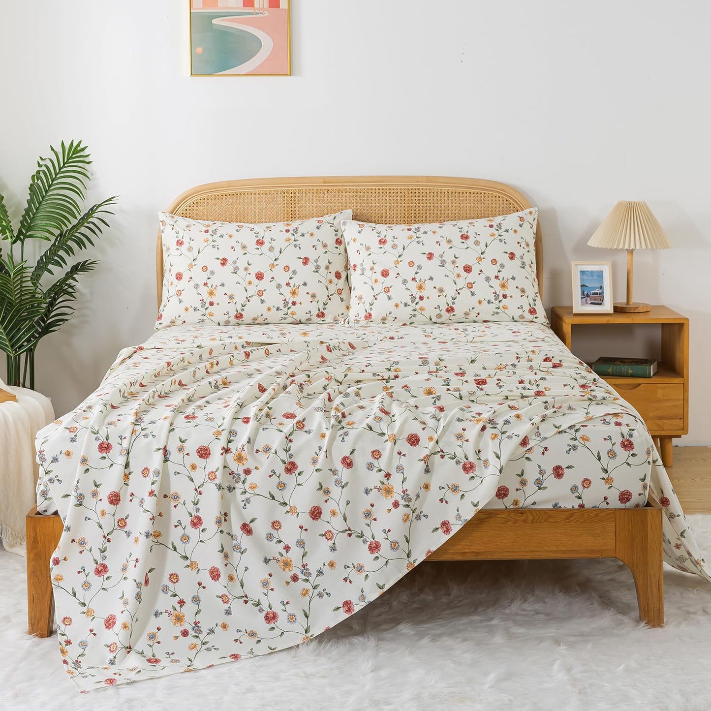 Zusbest Queen Sheet Set 100% Percale Cotton Off White Floral Bed Sheet Set, Brushed for Extra Softness, Breathable Luxury Flannel Sheets Like Pink Flower Print Deep Pocket Sheets 17.5'' 4 Pcs