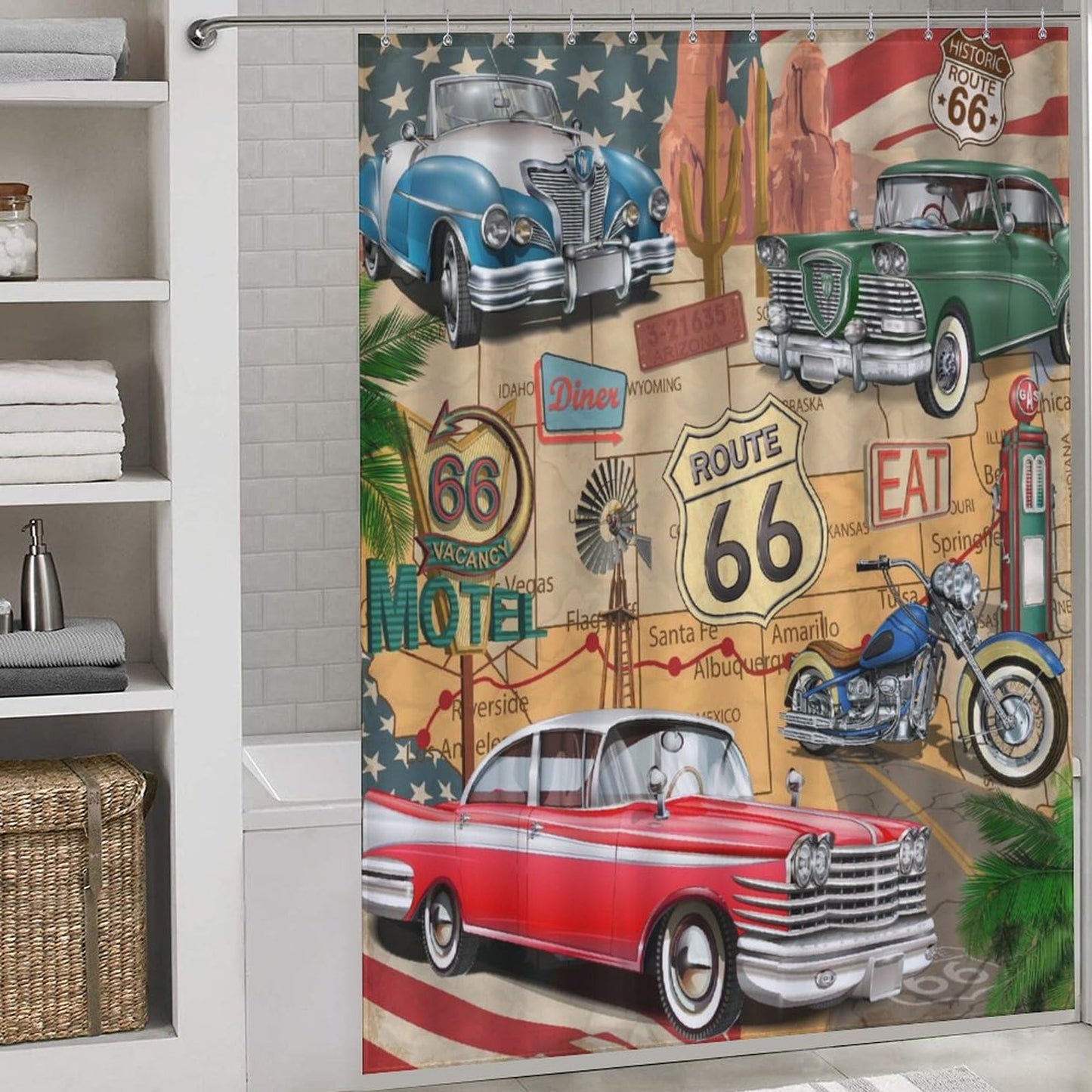 TKUYO Route 66 Road Shower Curtain for Bathroom, Rustic Boys Man Vintage Classic Car Motorcycle Biker Country Western Retro Man Cave Waterproof Fabric Shower Curtain Set with Hooks, 72"x72" Inch