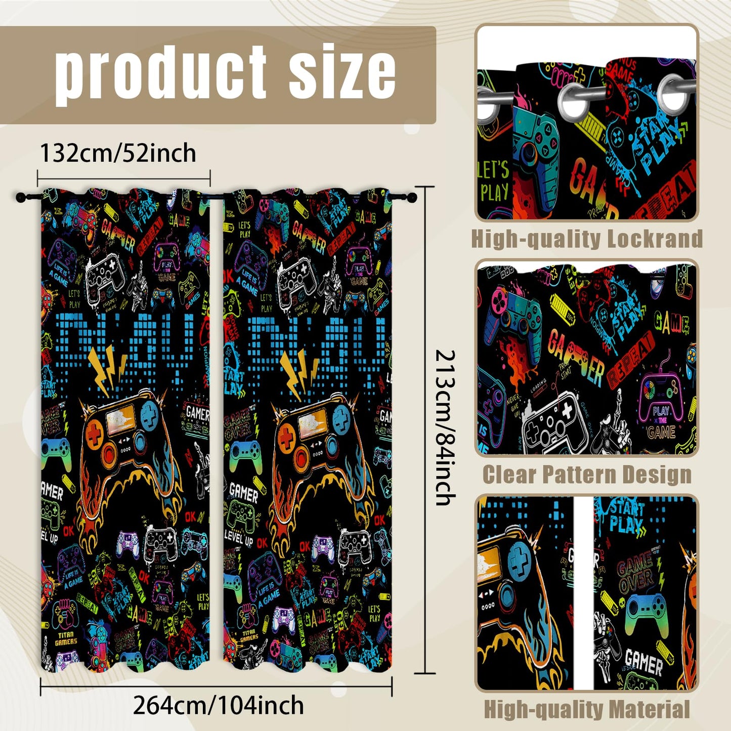 SIOQCKIS Gamepad Game Curtains for Boys Bedroom, Gaming Curtains for Boys Room, Game Controller Boy Curtain for Bedroom, 52 x 84 Inch Long 2 Panels Gamer Curtain for Kids, Video Games Window Decor