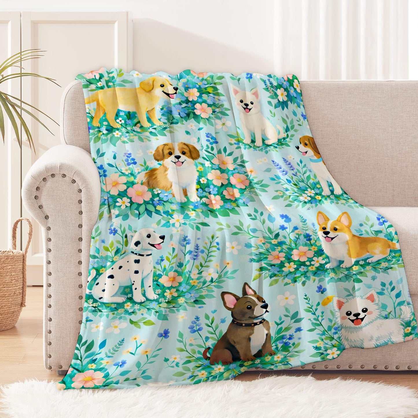 cromcu Dog Blanket for Dog Lovers and Kids Adults, Adorable Floral Puppy Flannel Blankets, Cute Pet Gifts, Blue Soft Warm Cozy Throws for Sofa Couch Bed Living Room Bedroom Home Decor 60" x 50"