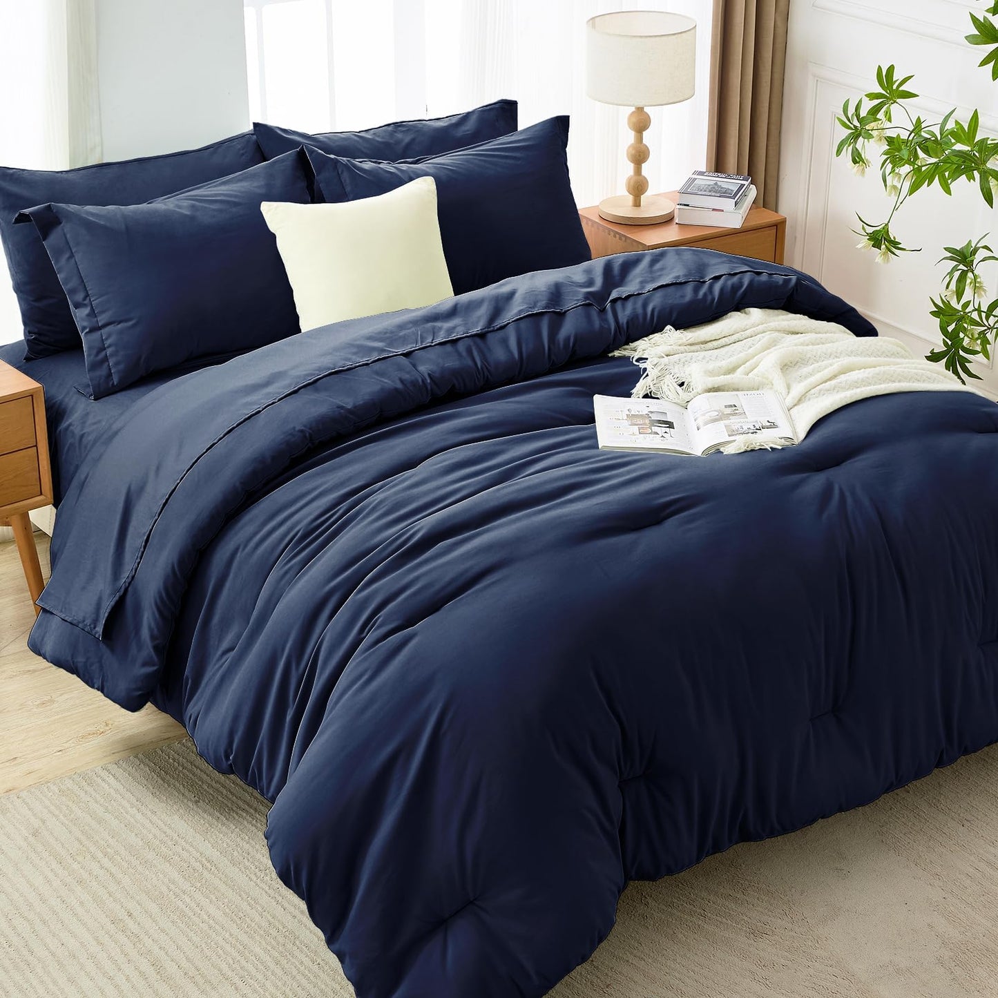 MUXHOMO 7 Pieces King Comforter Set, Soft Bed in a Bag King Size, All Season Bedding Set with Comforter, Flat Sheet, Fitted Sheet, Pillowcases & Shams, Navy Blue