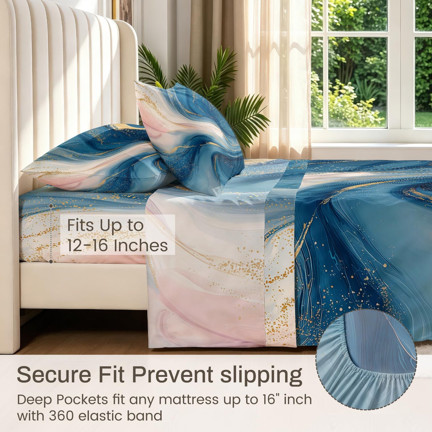 Marble Bedding Set 4 Pcs Fluid Liquid Swirl Full Sheets, Blue Gold