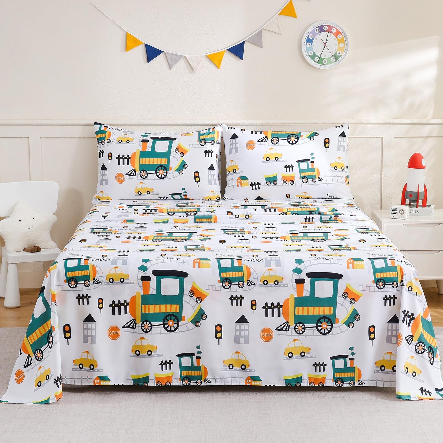 ChicView Twin Sheet Set Kids,3 Pieces Breathable Soft Microfiber Bedsheets for Child Boys Girls, Anti Pilling Deep Pockets Easy Care Bed Sheets, Train