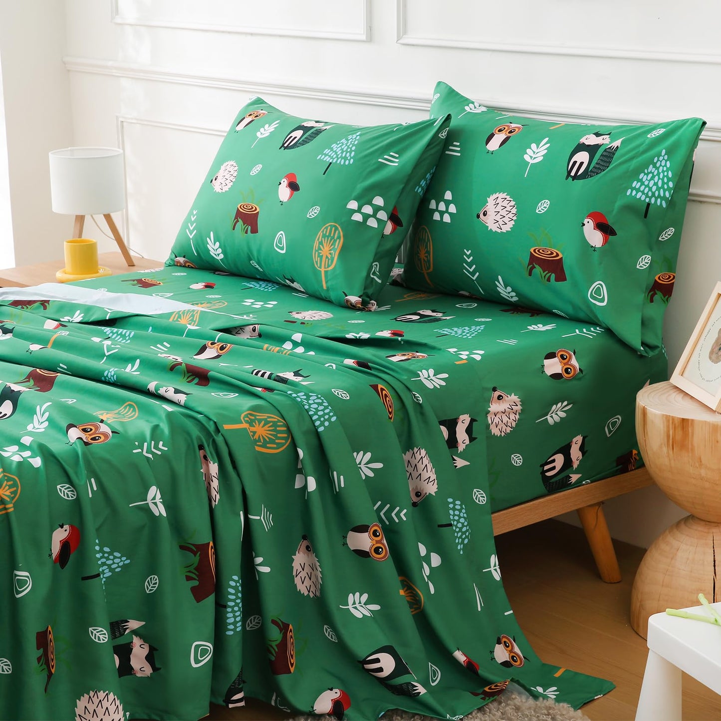 Green Forest Animals Twin Sheets Set for Kids 3 Piece Soft Microfiber Bed Sheets with Deep Pocket Cartoon Fox Owl Hedgehog Printed Bedding for Children Boys Kids (Animal Forest, Twin)