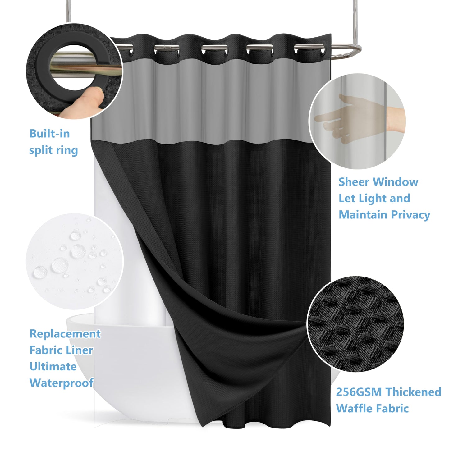 PILOTSHARK No Hook Waffle Weave Shower Curtain Set with Snap-in Fabric Liner and Mesh Top Window,256GSM Heavy Duty Fabric,Black Washable Luxury Shower Curtain for Bathroom Stalls (72x75 Inch)