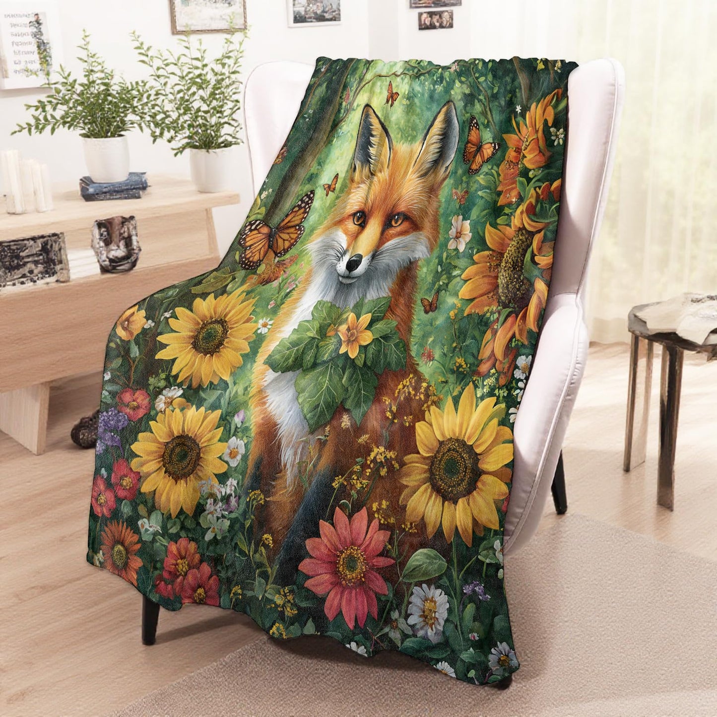 wyxdwh Forest Fox & Flowers Blanket, Cozy Flannel Charming Woodland Foxes Throw Blanket for Couch Outdoor, Plush Soft Lightweight Travel Blankets for Bed Decor and Gifts, for Women Adults Kids 50"x60"