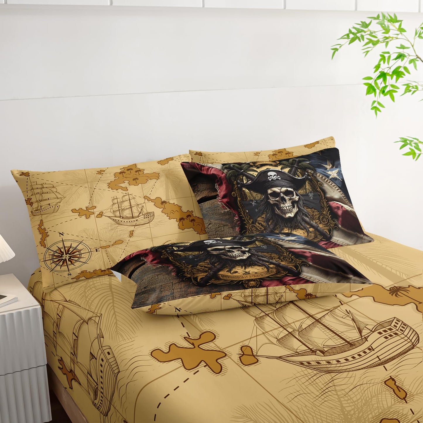 AILONEN Pirate Skull Comforter Set Queen Size,7-Piece Soft Bed in a Bag,Retro American Flag Captain Skull Comforter & Fitted Sheet & Flat Sheet & 2 Pillowcases,2 Pillow Shams