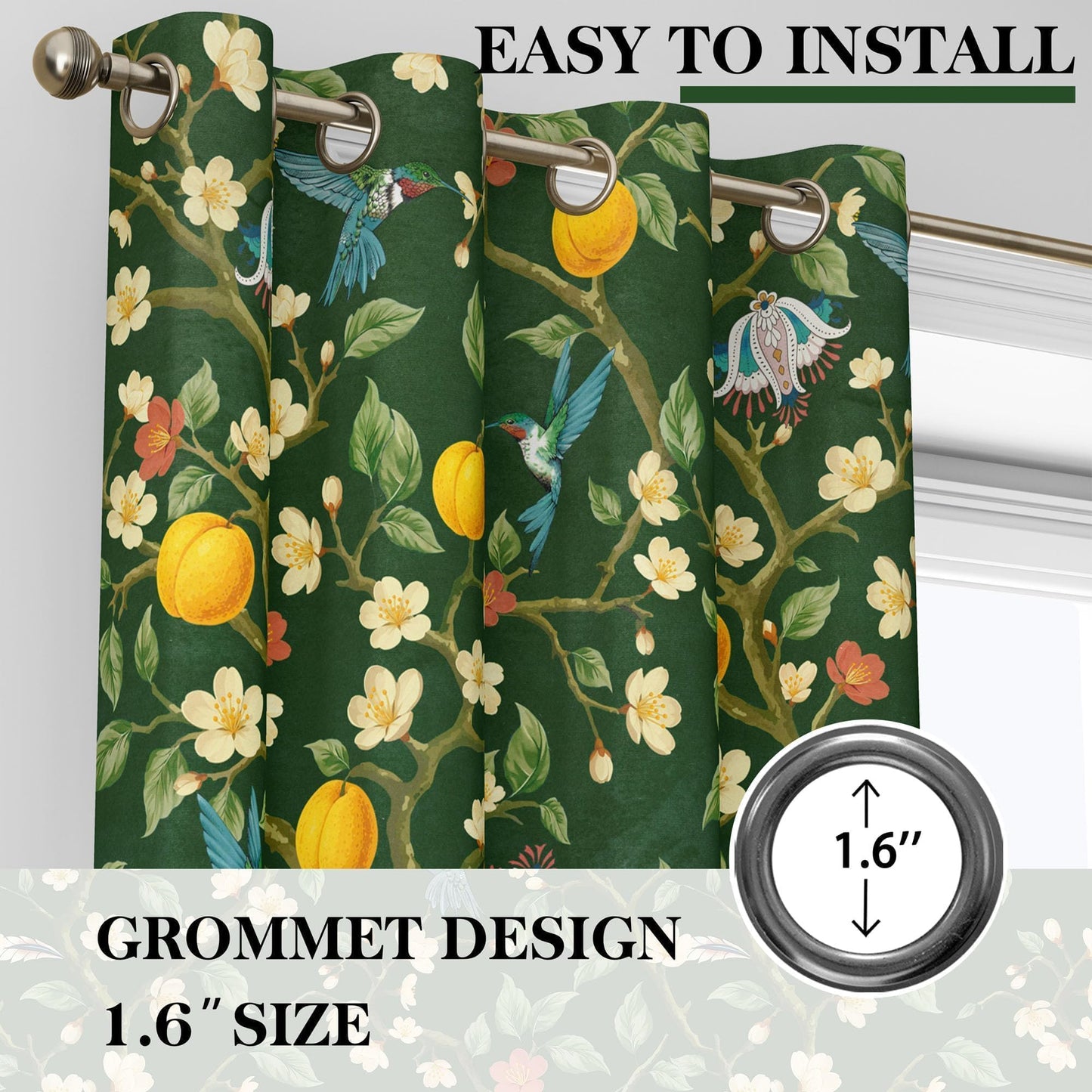 Floral Curtains 100% Blackout, Vintage Hummingbird Black Out Curtain 84 Inches Long, Patterned Thermal Insulated Window Drapes 2 Panels, Grommet Room Darkening Curtains for Living Room Bedroom, Green