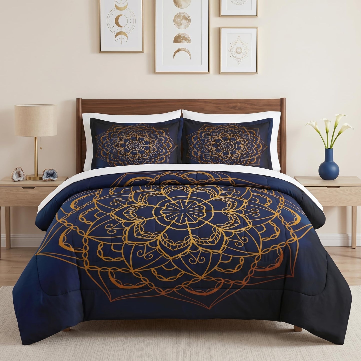 WeCozy Queen Size Comforter Set with 2 Pillowcases, Navy Blue Boho Gold Mandala Soft 3 Pcs Bedding for Kids and Adults Bedroom Bed Decor