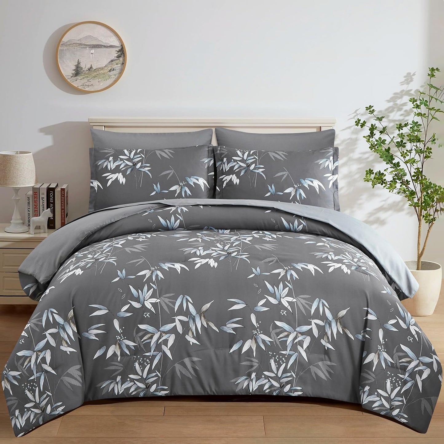 LXWORX Grey Queen Comforter Set - 7 Pieces Bed in a Bag Bedding Set, Soft Lightweight Microfiber Grey Comforter with Sheets and Pillow Shams, All Season