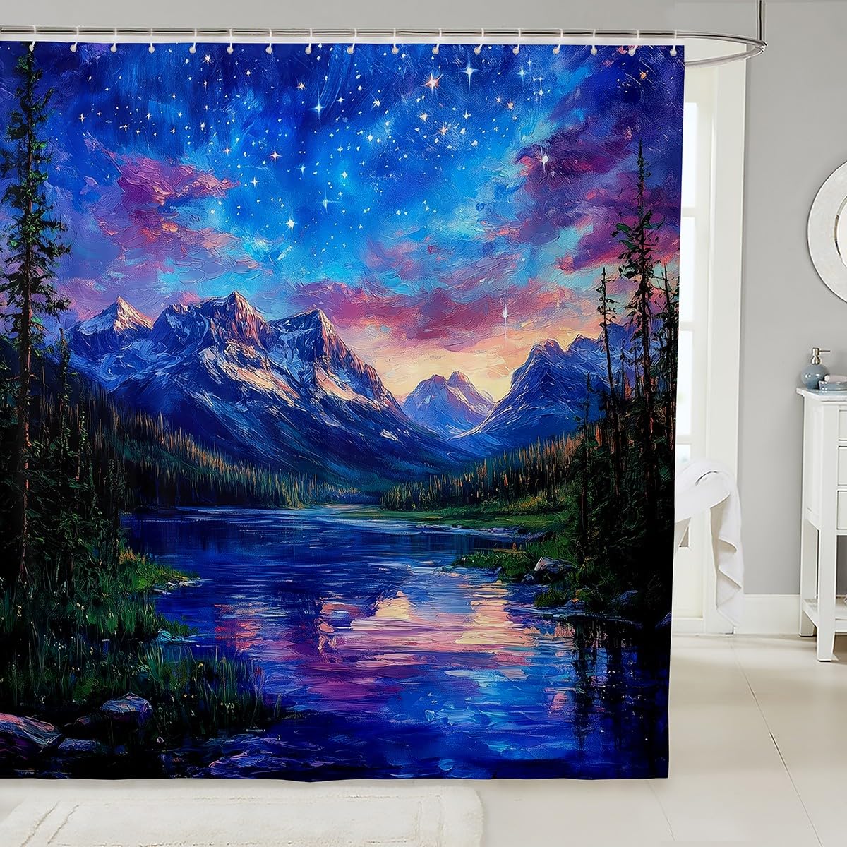 jejeloiu Mountain Lake Shower Curtain 72"x78" Dreamy Starry Night Sky Bath Curtain for Boys Girls Teens Nature Landscape Bathroom Shower Curtain Set Waterproof Galaxy Kids Bathroom Accessories