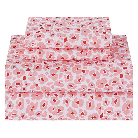 Softan Pink Floral Full Sheet Set, Cozy Microfiber Leopard Printed Fitted Bed Sheet with 15" Deep Pockets & Non-Slip Straps, Cute Girls Patterned Double Sheets & Pillowcase Set