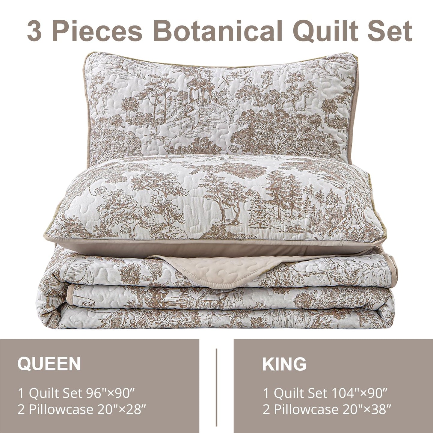 WONGS BEDDING Botanical Quilt Set Queen Size, Khaki 3 Pieces Floral Plants Printed Bedspread Bedding Set Soft Lightweight Microfiber Coverlet Set for All Season (96''x90'')
