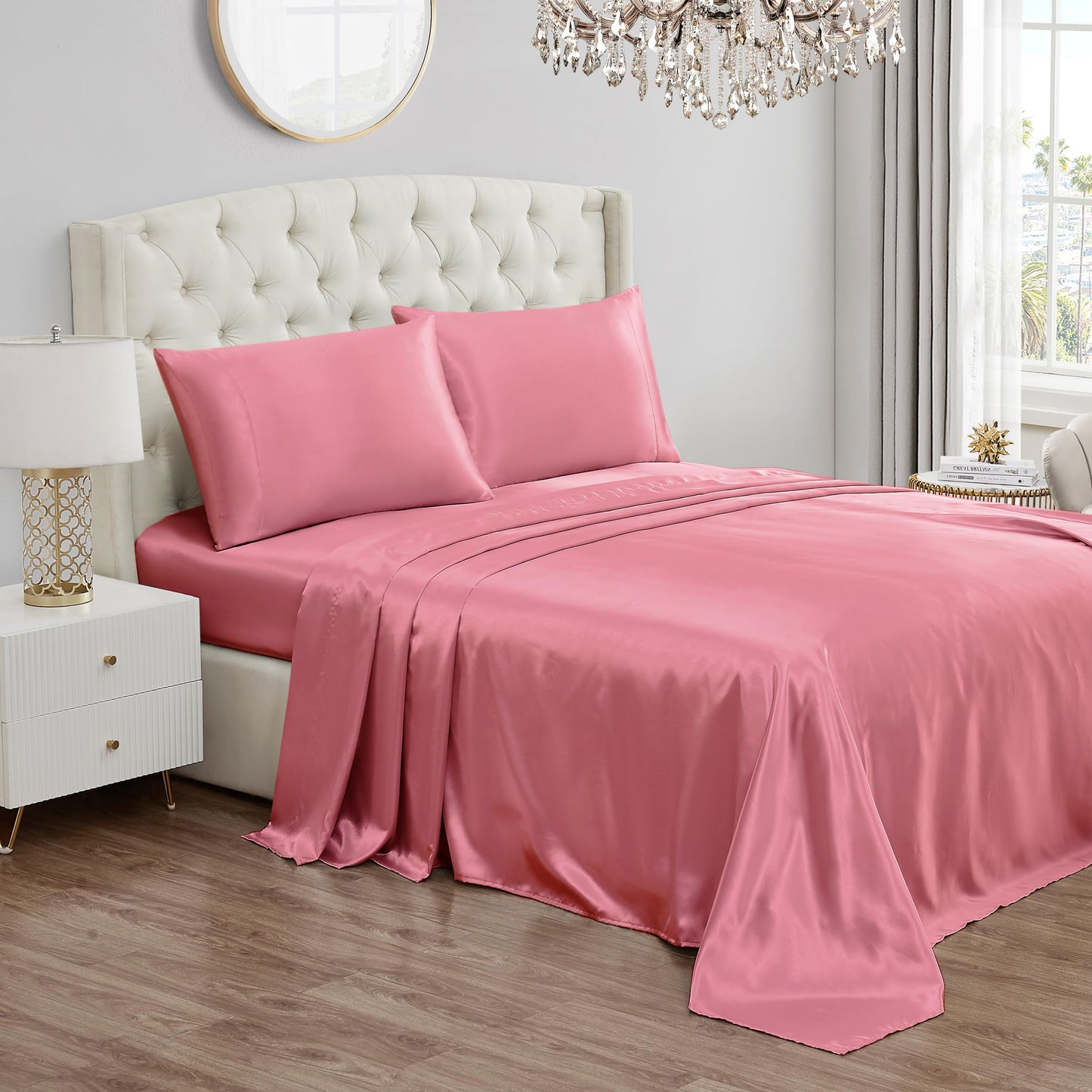 Juicy Couture Full Size Satin Bed Sheet Set, Deep Pocket Silky Full Sheet Set with 1 Fitted Sheet, 1 Flat Sheet, and 2 Pillow Case, Wrinkle Resistant and Anti Pilling Bed Sheets - Rose Pink