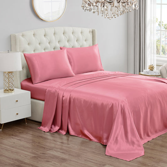 Juicy Couture Full Size Satin Bed Sheet Set, Deep Pocket Silky Full Sheet Set with 1 Fitted Sheet, 1 Flat Sheet, and 2 Pillow Case, Wrinkle Resistant and Anti Pilling Bed Sheets - Rose Pink