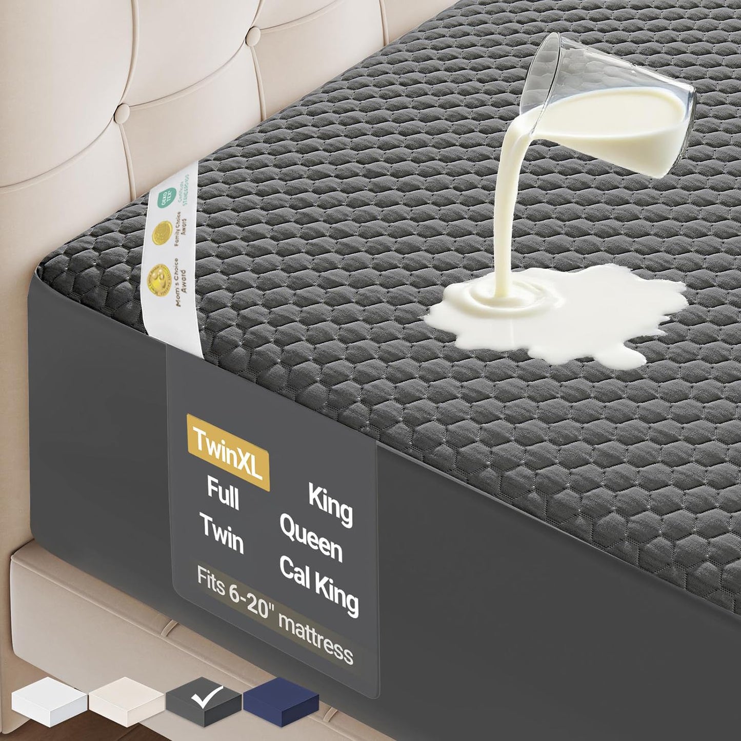 OhGeni 100% Waterproof Mattress Protector, Twin XL-Gray Size Mattress Pad, Fits 6"-20" Mattresses with Deep Pocket, Cooling, Breathable Fitted Sheets, Soft Bed Cover, Noiseless, Machine Washable
