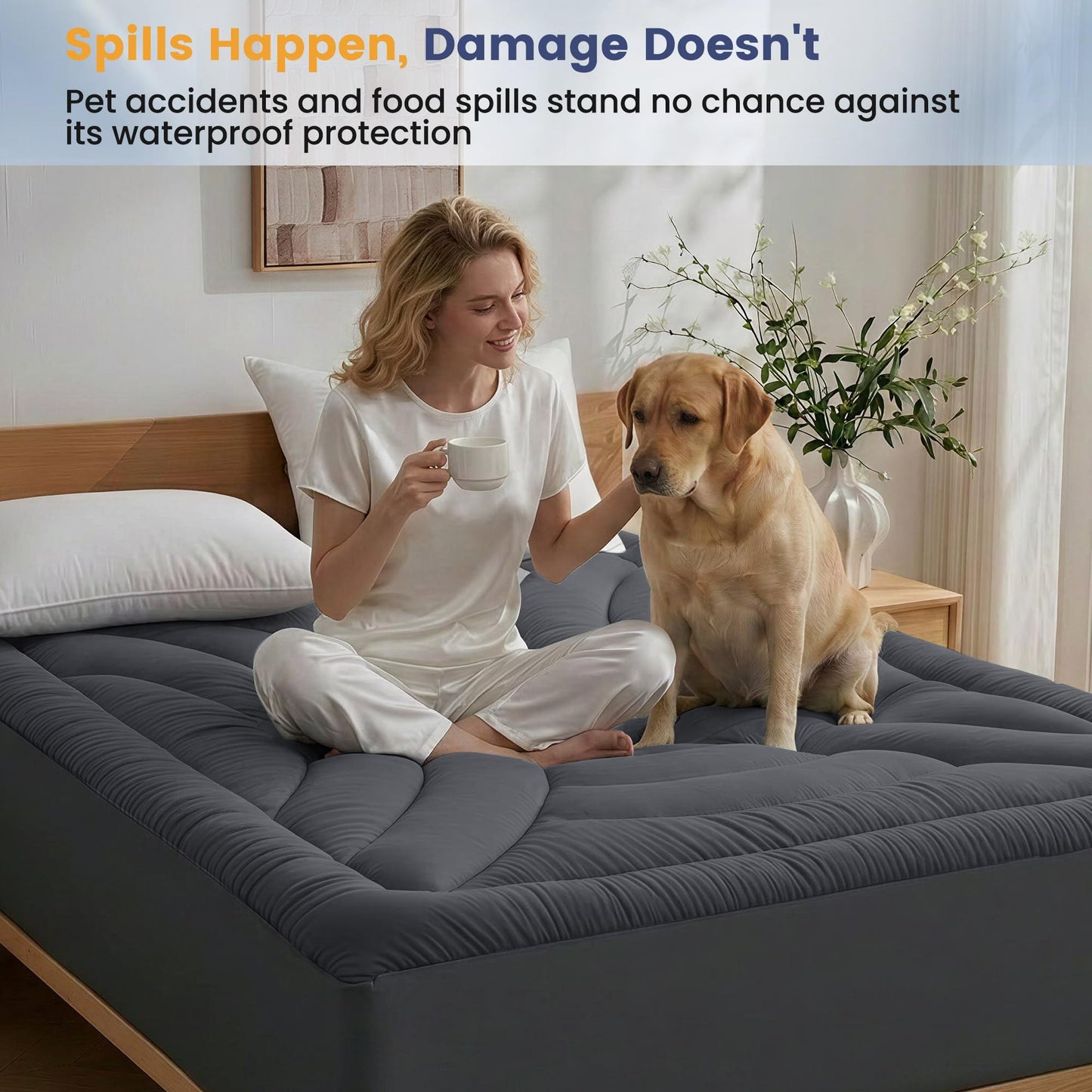 Waterproof Mattress Pad Full, Quilted Fitted Full Mattress Protector Waterproof, Soft Noiseless Mattress Topper Cover with 8"-21" Deep Pocket, Machine Washable, Grey, 54x75