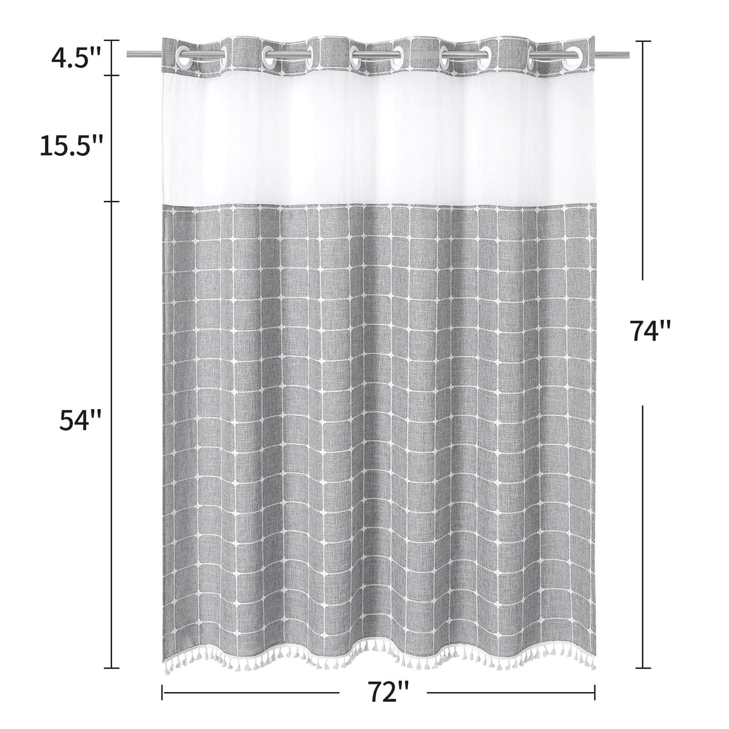 MitoVilla No Hooks Required Farmhouse Shower Curtain with Snap-in Liner - with Window & Magnets, Boho Cotton Linen Fabric Shower Curtains with Tassels for Rustic Bathroom Decor, Grey, 72 x 74