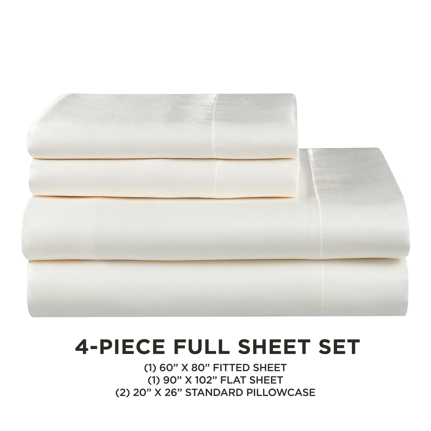 Juicy Couture Full Size Satin Bed Sheet Set, Deep Pocket Silky Full Sheet Set with 1 Fitted Sheet, 1 Flat Sheet and 2 Pillow Case, Wrinkle Resistant and Anti Pilling Bed Sheets - Ivory