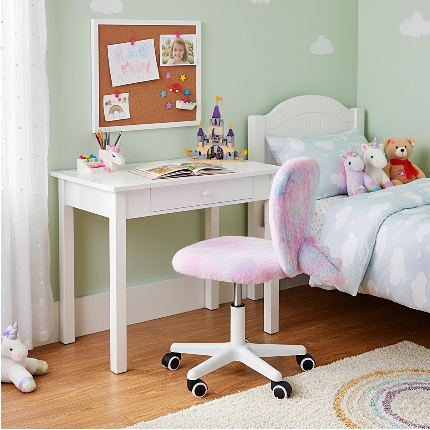 wangji TAILLA Fuzzy Kids Desk Chair, Small Comfy Armless Furry Faux Fur Swivel Chair for Tweens, with Detachable Animal Tail