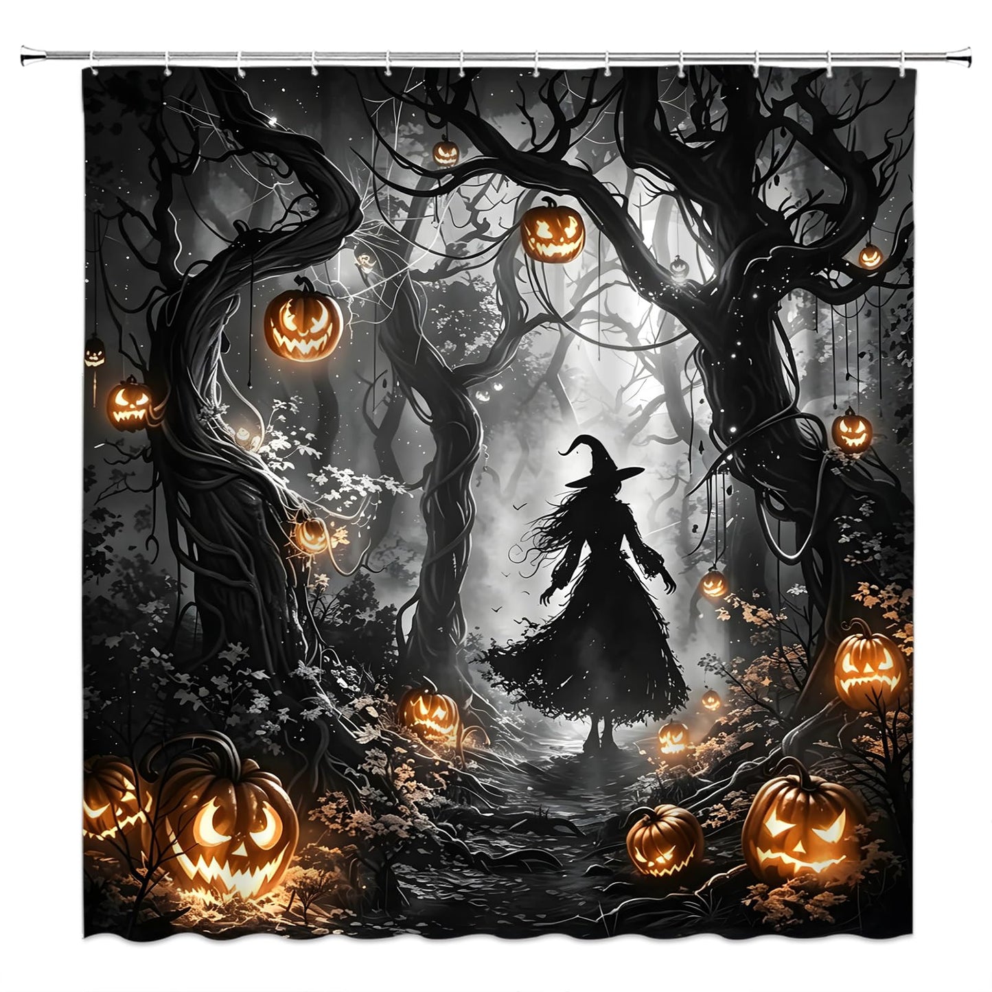 DSMEUE Halloween Witch Shower Curtain,Spooky Haunted Forest with Pumpkin Decor for Bathroom,Dark Gothic Black Orange Fabric Curtain with Hooks,70x70 Inch