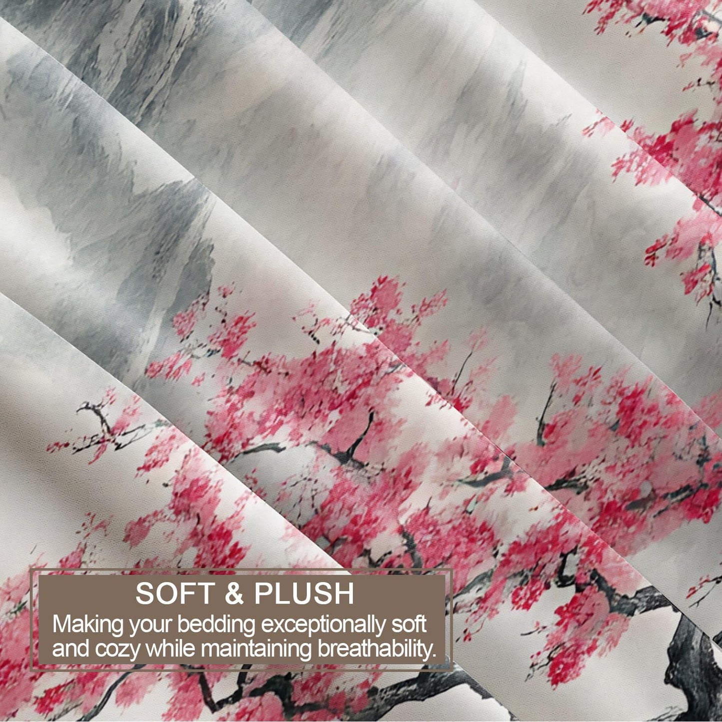 GKPLY Cherry Blossom Duvet Cover King, Mountain Bedding & Bedroom Decor, Traditional Floral Comforter, Zipper Closure, Misty Landscape Duvet Cover & 2 Pillowcases, Reversible Print