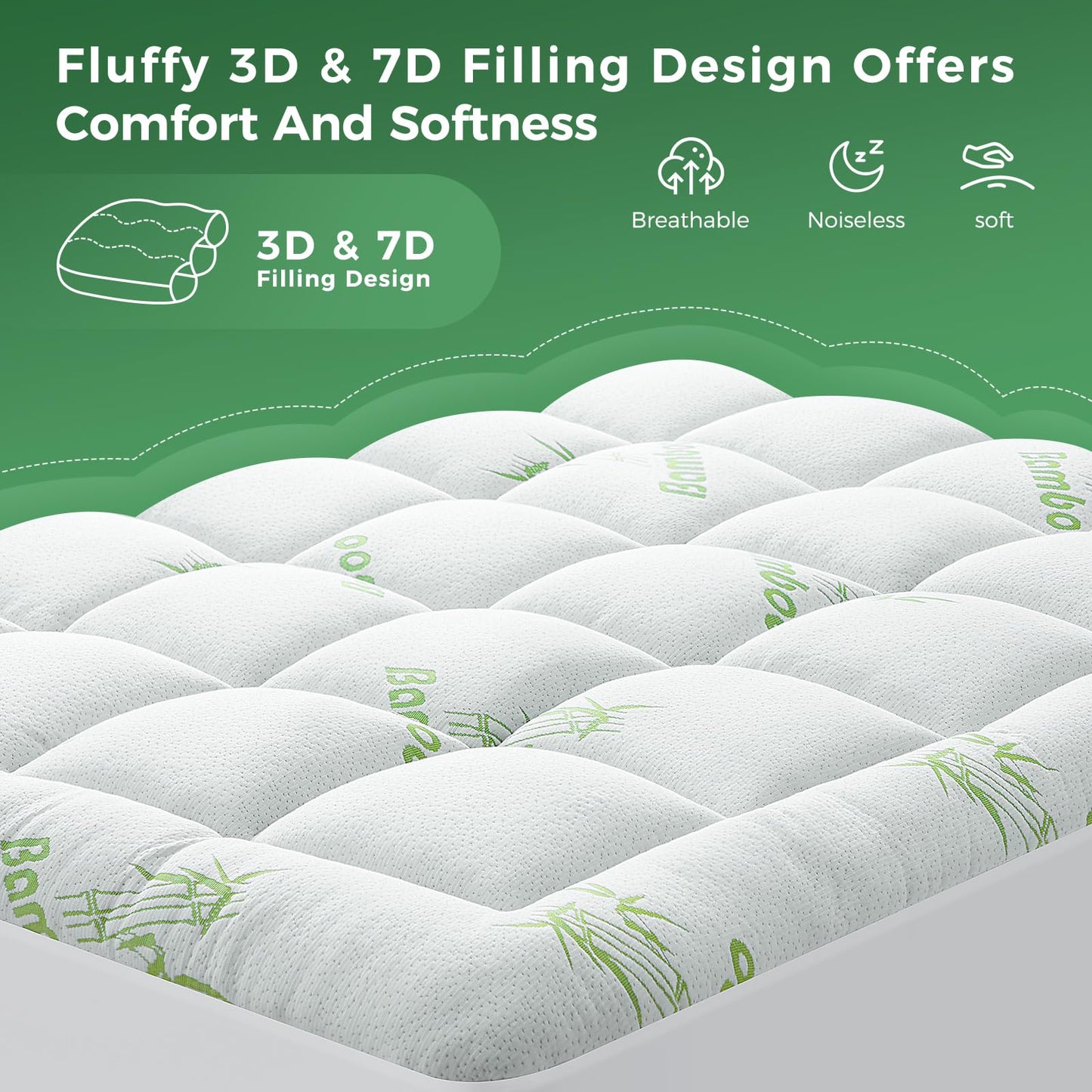 HYLEORY Mattress Topper - Thick Bamboo-Viscose Naturally Cooling Pillow Top Mattress Pad Breathable Fluffy Soft Mattress pad for Back Pain Relief, King Size, Green