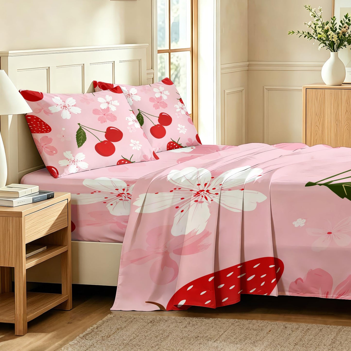 Cherry Blossom Sheet Set, 4 Pcs Full Size Girls Pink Bed Sheets