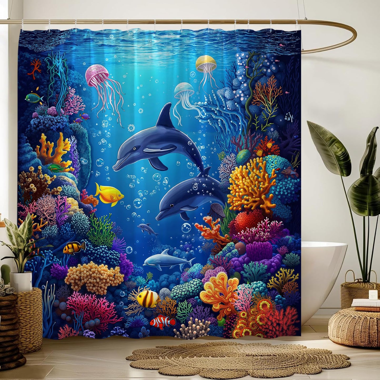 ZNLSU Underwater World Shower Curtain Blue Ocean Animal Dolphin Jellyfish Colorful Tropical Fish Sea Wildlife 70" WX70 H Bathroom Fabric Curtain with Hooks