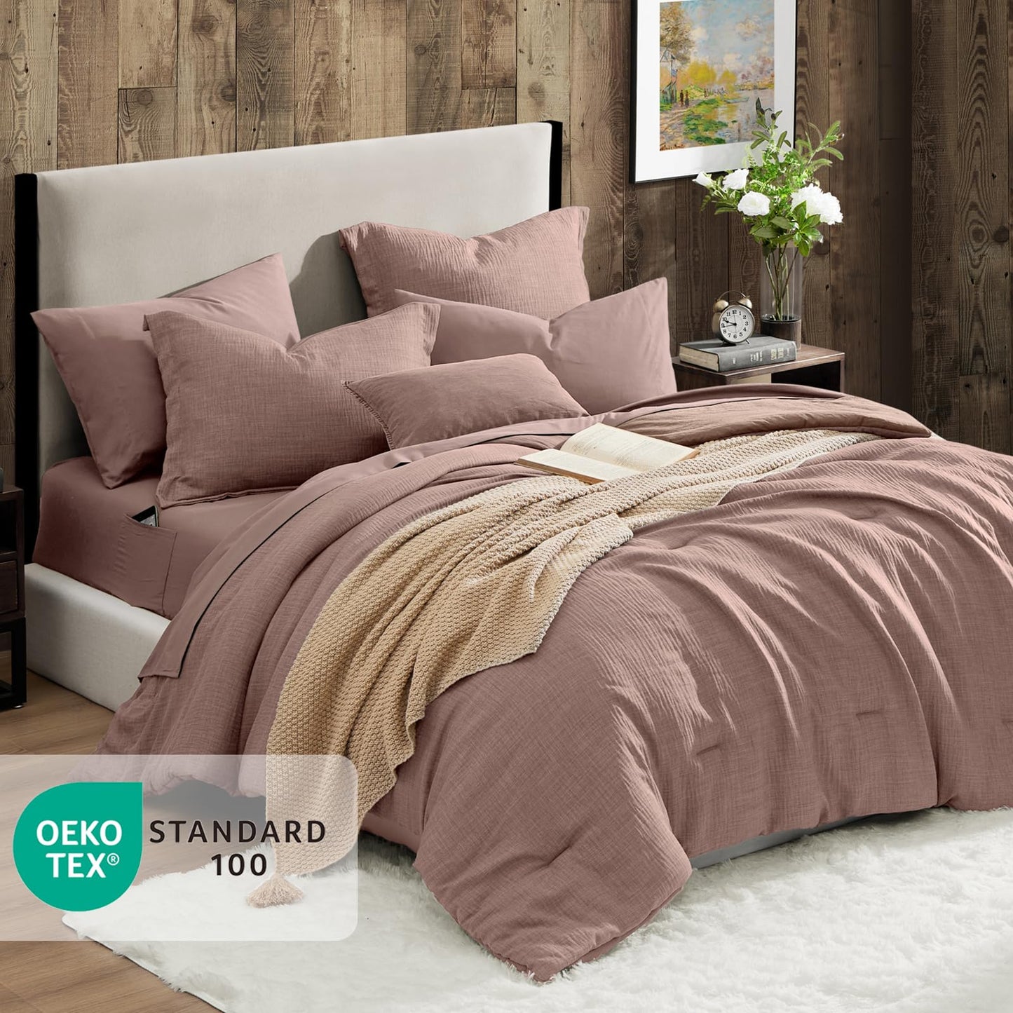 Geniospin Queen Comforter Set - 7 Pieces Comforter Queen Size, Soft Solid Bedding Set for All Season, Textured Bed in a Bag with Sheets, Pillowcases & Shams (Misty Rose, 90''x90'')