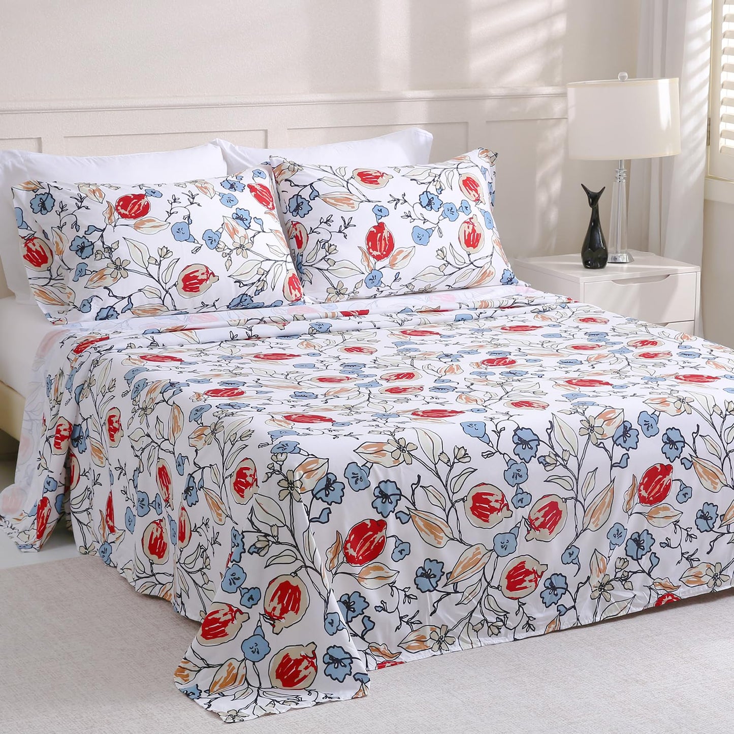 LONAVA Flower Queen Size 6 Pcs Sheet Set, Breathable Microfiber Deep Pocket White Fitted Sheets, Comfy & Breathable Patterned Flat Sheets,4 Gentle Soft Pillowcases, Red Bud
