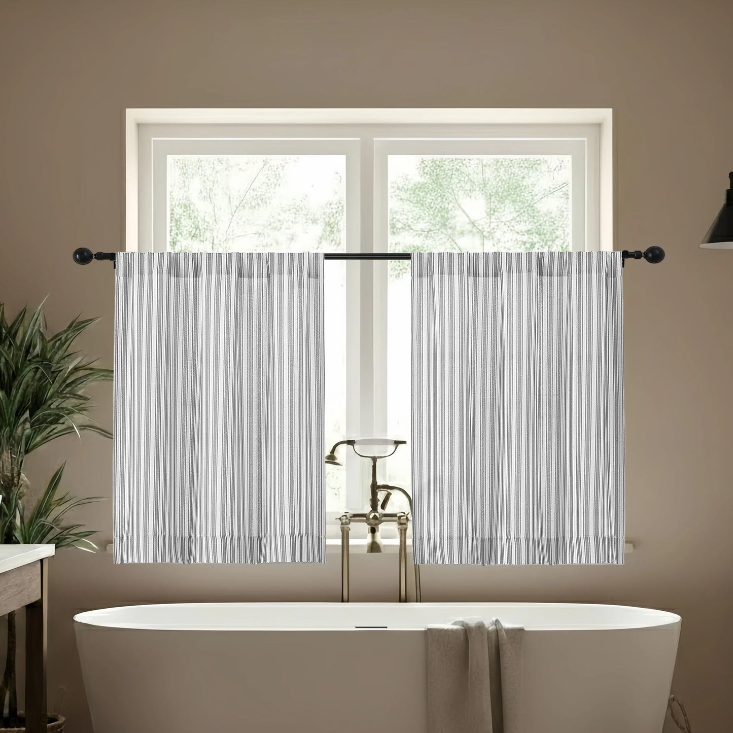 Chyhomenyc Striped Boho Curtains 24 Inch Length - Light Filtering Faux Linen Half Window Cafe Curtains, Farmhouse Short Curtain Tiers for Bathroom RV Camper, 30Wx24L, 2 Pieces, Grey