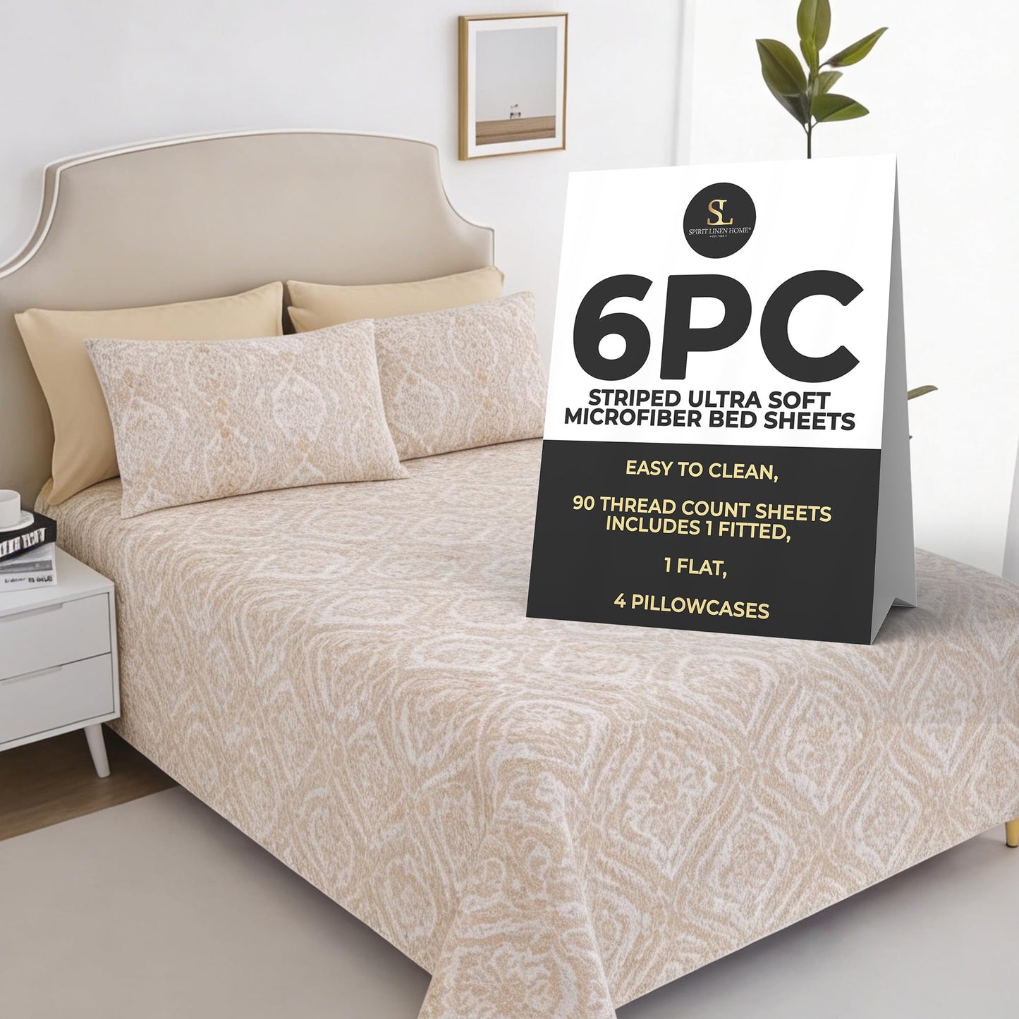 Spirit Linen home 6-Piece King Size Bed Sheet Set - Deep Pocket, Paisley Pattern, Soft and Breathable Bed Sheets, Microfiber Material, Includes 1 Fitted, 1 Flat, 4 Pillowcases - Taupe Paisley Design